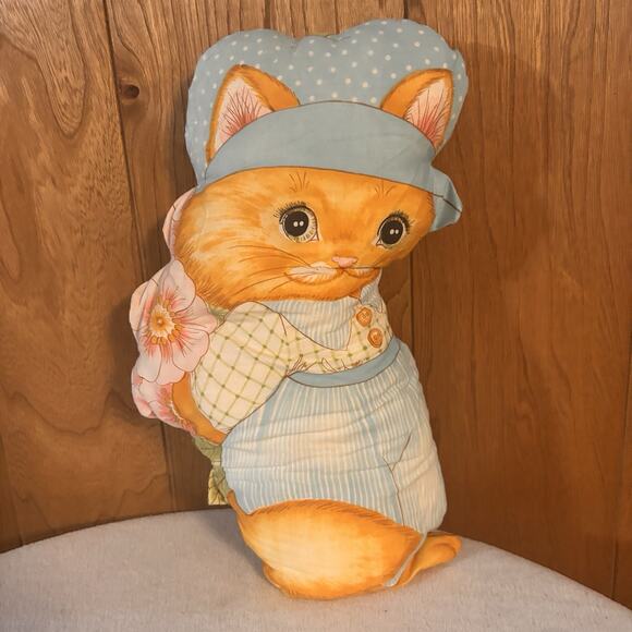 Vintage Cat Pillow Plush Orange Kitty Bonnet & Dress Cottagecore Decor - Picture 3 of 4
